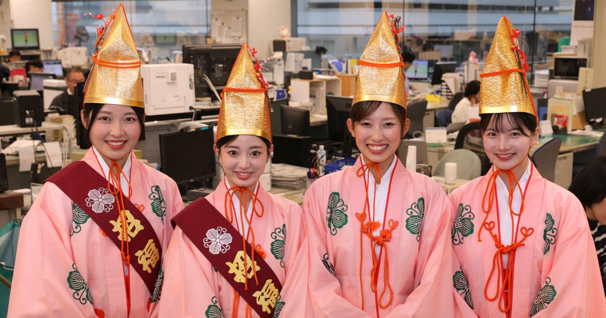 天満天神えびす祭りPR 大阪天満宮の招福娘が毎日新聞大阪本社を訪問