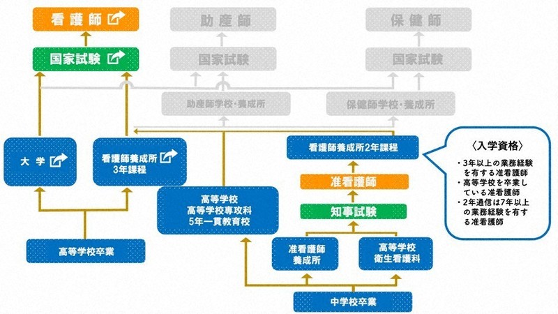 看護師になるためのプロセス。4年制大学、3年制の専門学校、5年制の高校専攻科など、さまざまなルートがある＝厚生労働省のウェブサイトより