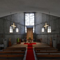 レトロの美：カトリック桂教会 京都市西京区 祭壇へ緩やかな曲線 [写真