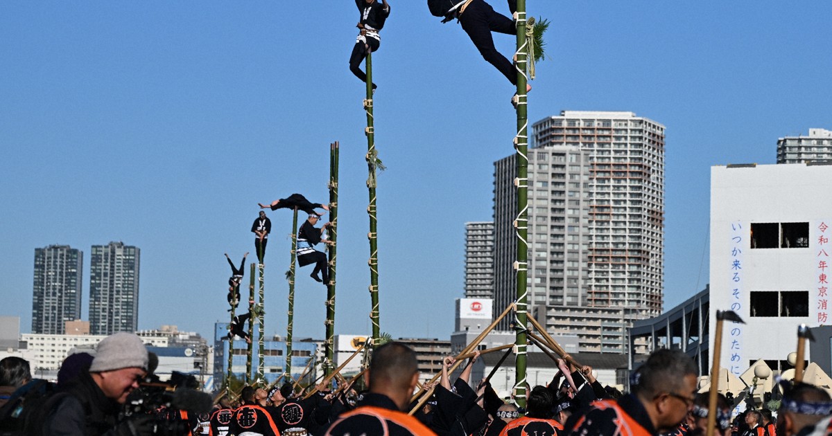 Tokyo Fire Dept's New Year drills feature ladder stunts, 4-legged disaster robots