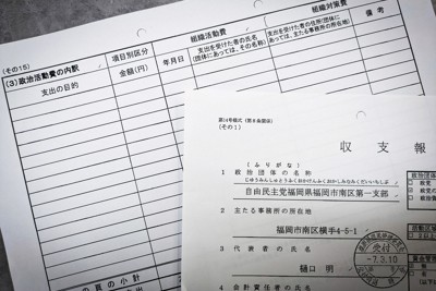 福岡県議が代表を務める自民党支部の政治資金収支報告書。支出先や目的などの明細が空欄で使途の詳細が不明だ＝2026年1月8日、藤田剛撮影