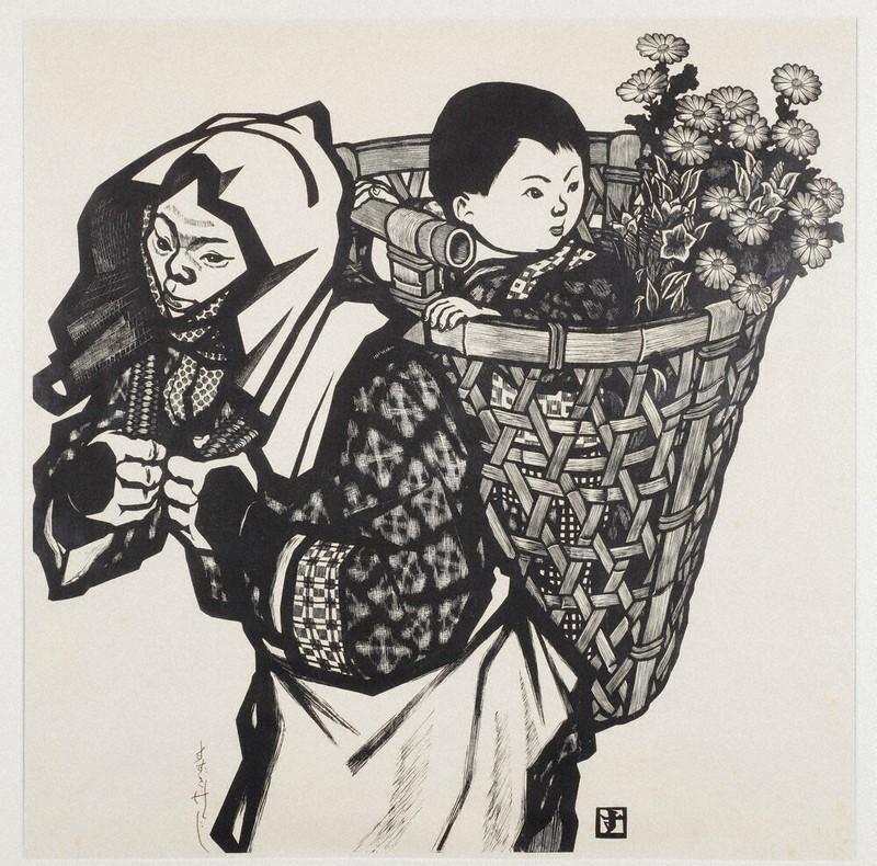 大正時代紙袋付◇栃木県那須 すずきけんじ作 木版画『烏山城観光版画絵