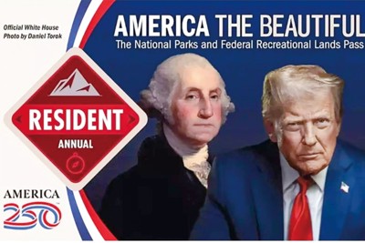 トランプ大統領（右）とワシントン初代大統領が並ぶ国立公園の年間入場パス (米地質調査所のウェブサイトから)