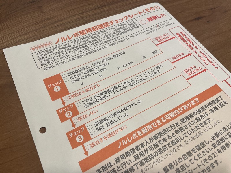 市販の緊急避妊薬「ノルレボ」を服用前に記入するチェックシート＝東京都内で2026年1月28日、中村好見撮影