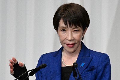 衆院選の結果を受け、記者会見を行う高市早苗首相＝自民党本部で2026年2月9日午後6時26分、平田明浩撮影