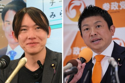 参政党の神谷宗幣代表（右）とチームみらいの安野貴博党首