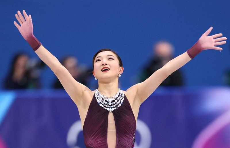 女子フリーの演技を終えてあいさつする坂本花織＝ミラノ・アイススケートアリーナで2026年2月19日、猪飼健史撮影