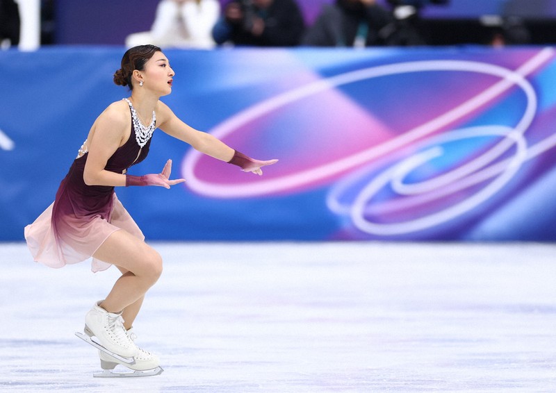 女子フリーで演技する坂本花織＝ミラノ・アイススケートアリーナで2026年2月19日、猪飼健史撮影