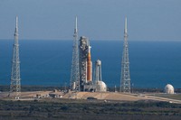 This photo provided by NASA shows the Artemis II SLS (Space Launch System) rocket with the Orion spacecraft atop a mobile launcher at Launch Complex 39B, Jan. 29, 2026, at NASA's Kennedy Space Center in Florida. (Jim Ross/NASA via AP)