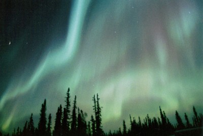 極地の夜空を彩るオーロラ。こんな光景があちこちで見られるか＝米アラスカ州フェアバンクスで1998年11月、田中泰義撮影