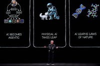 今年1月の「CES2026」でAIの進化を強調するエヌビディアのジェンスン・フアンCEO＝Bloomberg