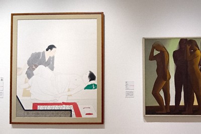 いずれも向井久万の「男児生る」（左、1941年、京都市美術館蔵）と「黄昏」（54年、大阪・泉佐野市立歴史館いずみさの蔵）