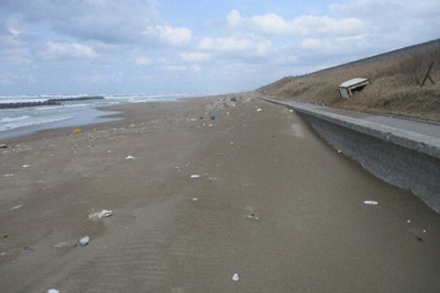以前は海が荒れると、砂が流されて黒い粘土層が現れたという石川県白山市倉部町の海岸＝竹中拓実撮影