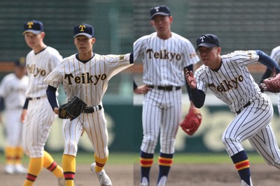 甲子園練習に臨む＜左＞帝京長岡＜右＞帝京の選手たち