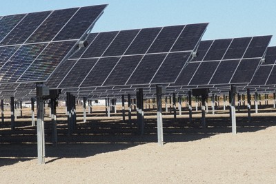 稼働を始めた営農型太陽光発電所。発電量を最大にする「発電モード」の状態では地上の日なた部分が少ないことが分かる＝徳島県小松島市内で2026年2月19日午後2時59分、植松晃一撮影