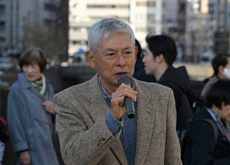 Koichi Kawano criticizes U.S. and Israeli military operations against Iran during a street protest in Nagasaki on March 7, 2026. (Mainichi/Tomohisa Yazu) 