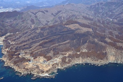 大規模山林火災で焼失した三陸町綾里地区。森林再生計画は2029年度までとなっている＝岩手県大船渡市で2026年2月20日、本社機「希望」から平川義之撮影