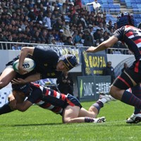 【佐賀工－国学院栃木】前半、低いタックルで国学院栃木の攻撃を防ぐ佐賀工の選手＝埼玉県熊谷市の熊谷ラグビー場で2026年3月28日午前10時47分、川村咲平撮影