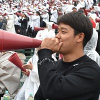 三塁側スタンドから応援する大阪桐蔭野球部OBの平山芽輝さん＝阪神甲子園球場で2026年3月31日、荻野公一撮影