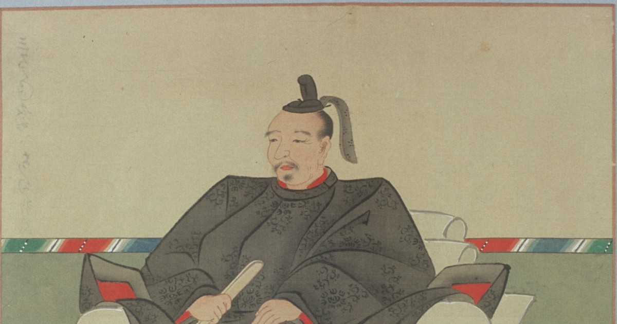 前田利家座像図(「旧藩祖三百年祭等各町催物画」)＝金沢市立玉川図書館蔵