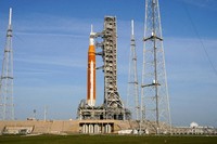 The NASA Artemis II SLS (Space Launch System) rocket with the Orion spacecraft is seen at Launch Complex 39B at the Kennedy Space Center, March 31, 2026, in Cape Canaveral, Fla. (AP Photo/John Raoux)
