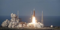 The Orion spacecraft, atop a Space Launch System rocket, takes off from Kennedy Space Center in Cape Canaveral, Florida, on April 1, 2026. (Photo courtesy of the National Aeronautics and Space Administration/Kyodo)