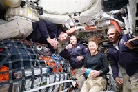 This image taken from video provided by NASA shows the Artemis II crew, from left, Canadian astronaut and mission specialist Jeremy Hansen, Commander Reid Wiseman, mission specialist Christina Koch and pilot Victor Glover as they speak with NASA Mission Control via video conference from the moon's orbit, April 2, 2026. (NASA via AP)