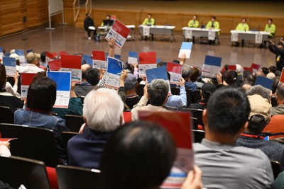 大阪維新の会大阪市会議員団が開催したタウンミーティングで、赤や青のボードを掲げる参加者ら＝大阪市城東区で2026年4月5日午後2時40分、大西岳彦撮影