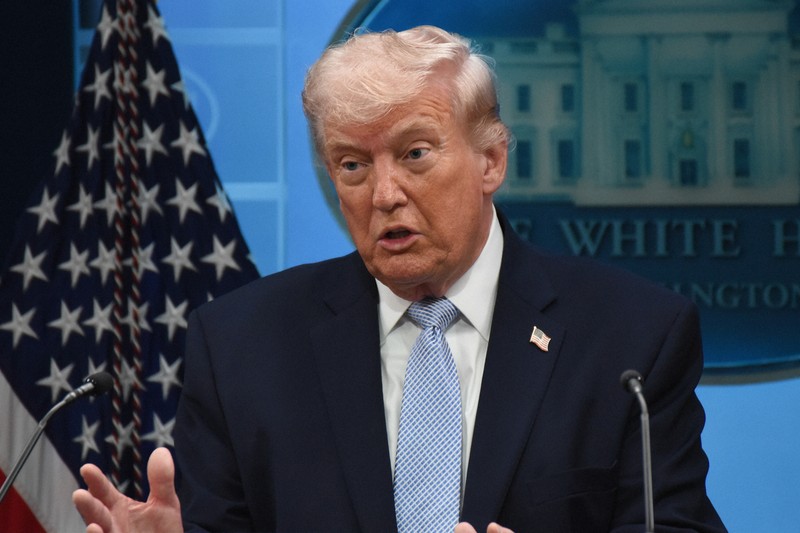 記者会見するトランプ米大統領＝ワシントンのホワイトハウスで2026年4月6日、松井聡撮影