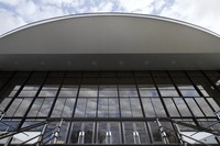 The full glass facade of the Ishibashi Cultural Hall is seen in Kurume, Fukuoka Prefecture, Feb. 26, 2026. (Mainichi/Minoru Kanazawa)