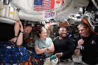 This image from video provided by NASA shows the Artemis II crew, from left, Commander Reid Wiseman, mission specialist Christina Koch, pilot Victor Glover and Canadian astronaut and mission specialist Jeremy Hansen as they answer media questions during a video conference, April 8, 2026. (NASA via AP)