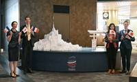 This photo taken on April 10, 2026, shows a monument inspired by Itsukushima Shrine and Mont Saint-Michel Abbey installed at Kansai International Airport. (Kyodo)