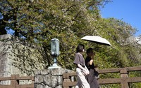 People walk under a parasol in Shizuoka, where temperatures exceeded 30 C, on April 11, 2026 .(Kyodo)