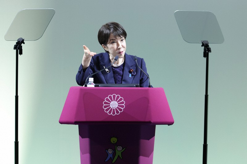 自民党大会で演説する高市早苗首相＝東京都港区で2026年4月12日午前11時51分、中川祐一撮影