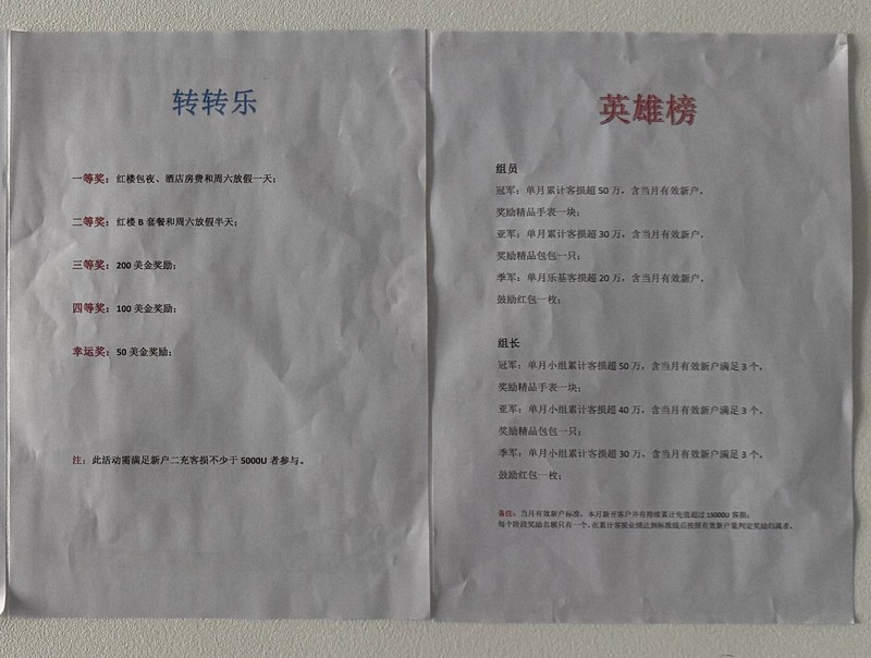 詐欺で「好成績」を上げたチームに対し、金銭や腕時計、ホテルの宿泊権利などの特典を贈ると記された張り紙。「ノルマ」を達成できないチームに対する罰則が書かれた紙もあった＝タイ東北部スリン県近郊のカンボジアとの国境地帯で2026年4月7日、毎日新聞助手ジェッタナット・ピリヤプラディスグン撮影
