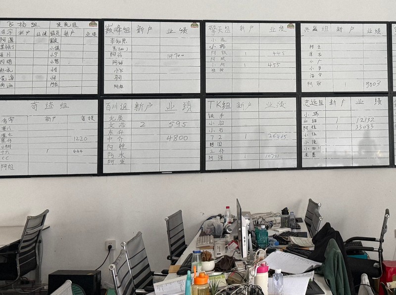 チーム名のようなものが書かれたホワイトボード＝タイ東北部スリン県近郊のカンボジアとの国境地帯で2026年4月7日、毎日新聞助手ジェッタナット・ピリヤプラディスグン撮影