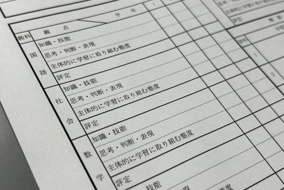 文部科学省が定めた中学校段階の指導要録の参考様式。「知識・技能」「思考・判断・表現」「主体的に学習に取り組む態度」の三つの観点の評価を総合して「評定」を記載する