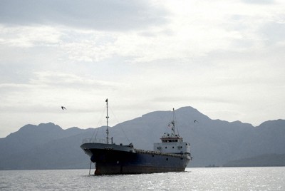 オマーン沖のホルムズ海峡にいる船舶＝2026年4月12日、ロイター