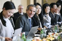 International Atomic Energy Agency Director General Rafael Grossi attends a press conference in Seoul on April 15, 2026. (Kyodo)