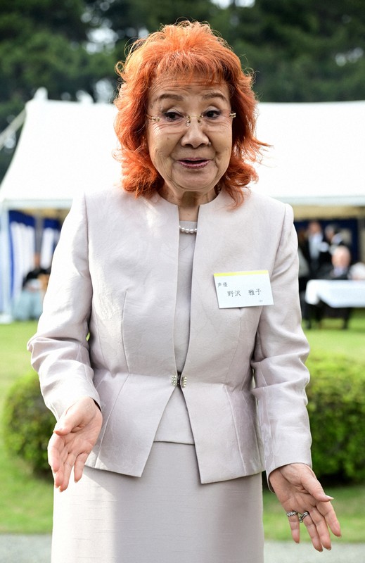 春の園遊会後、取材に応じる声優の野沢雅子さん＝東京・元赤坂の赤坂御苑で2026年4月17日午後3時18分、西夏生撮影