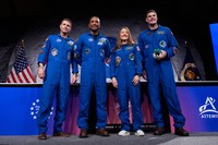 NASA's Artemis II crew -- NASA astronauts Reid Wiseman, Victor Glover, and Christina Koch, and Canadian Space Agency (CSA) astronaut Jeremy Hansen pose for a photo during a press conference on Thursday, April 16, 2026, in Houston. (AP Photo/Ashley Landis)