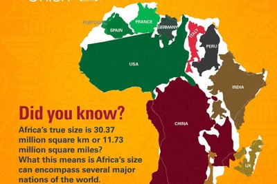 アフリカと、米国や中国、インド、日本などの大きさを比較する地図＝アフリカ連合のX（ツイッター）より、共同