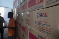 This photo taken in the suburbs of Kinshasa in Congo in April 2025 shows aid supplies provided by the U.S. Agency for International Development. (Kyodo) 