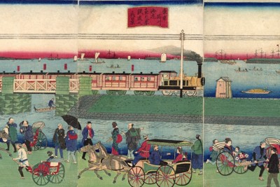 明治時代の錦絵「東京品川海辺蒸気車鉄道之真景」に描かれた高輪築堤＝港区立郷土歴史館所蔵