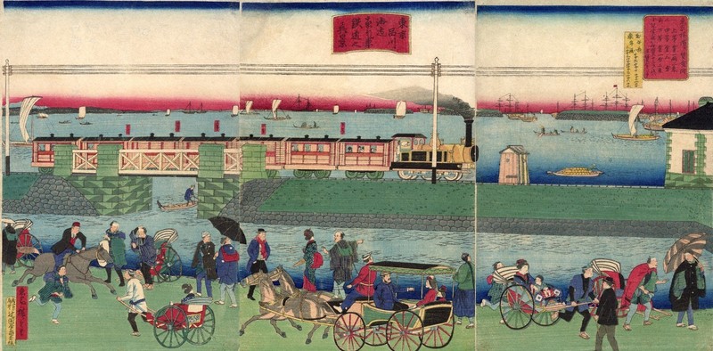 明治時代の錦絵「東京品川海辺蒸気車鉄道之真景」に描かれた高輪築堤＝港区立郷土歴史館所蔵