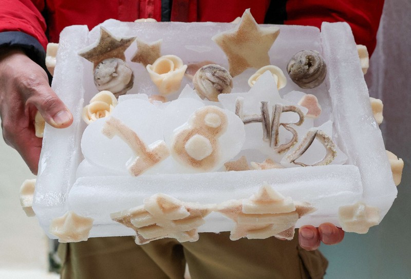 キラの誕生日を祝う特製アイスケーキ＝鳥羽水族館提供