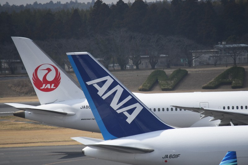 日本航空と全日本空輸も燃油サーチャージの大幅な引き上げが予想されている＝千葉県成田市の成田空港で2024年3月17日午前10時57分、中村宰和撮影