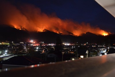 炎が上がる山林＝岩手県大槌町吉里吉里で22日午後7時ごろ（碇川豊さん提供）