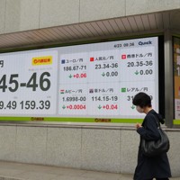 1ドル＝159円台半ばの円相場を示すモニター＝東京都中央区で2026年4月23日午前8時33分、鴨田玲奈撮影