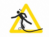 A "caution: tripping hazard" pictogram is seen in this image from the Yamaguchi Labor Bureau's website. The sign is designed to encourage workers to keep walkways clear to prevent accidents.